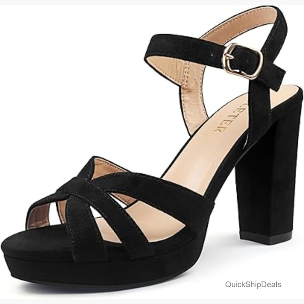 Platform Chunky Heels Ankle Strap Block Heeled Sandals Faux Leather